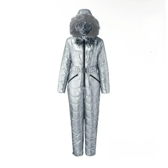 Women's Puffer Waterproof Snow Suit Faux Fur Hood Hood Size L NWOT Zip Legs Belt - Picture 1 of 9